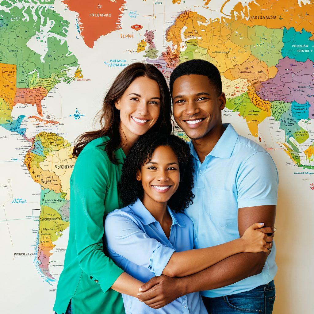 A warm and inviting scene depicting a friendly insurance advisor guiding a diverse family through a colorful, oversized map of various insurance options. The background features heart symbols intertwined with icons of home, health, and auto coverage. People are smiling, illustrating a sense of ease and support in navigating insurance. Bright and cheerful colors enhance the feeling of warmth and trust. super-realistic. vibrant colors. warm background.