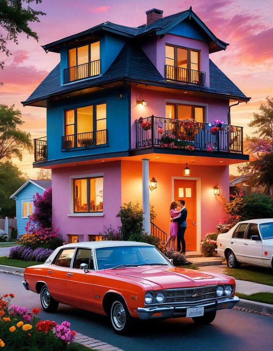 A loving couple surrounded by various symbols of insurance, such as a home, a car, and medical equipment, intertwined with heart motifs and vibrant flowers to symbolize care and protection. The background features a warm sunset, blending hues of orange and pink to evoke feelings of security and warmth. The scene conveys strength and reassurance within love and insurance. super-realistic. vibrant colors. warm background.